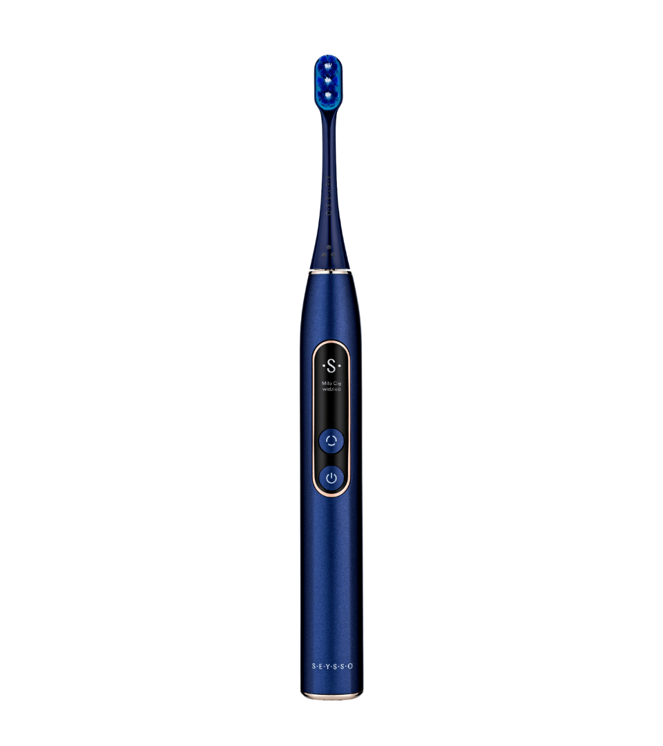 SEYSSO Hypertech Infinity Sonic Toothbrush in sleek blue design with intelligent features for superior oral care.