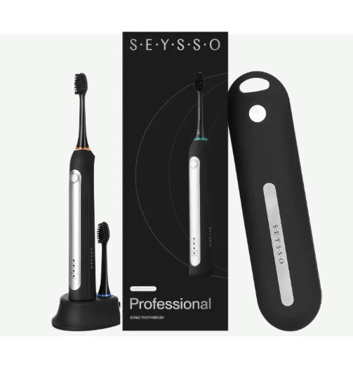 Black electric toothbrush with packaging and travel case on a white background