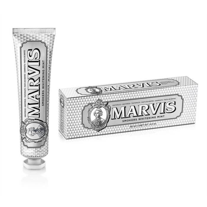 Marvis Smokers Whitening Mint Toothpaste 85ml tube and packaging on a white background.