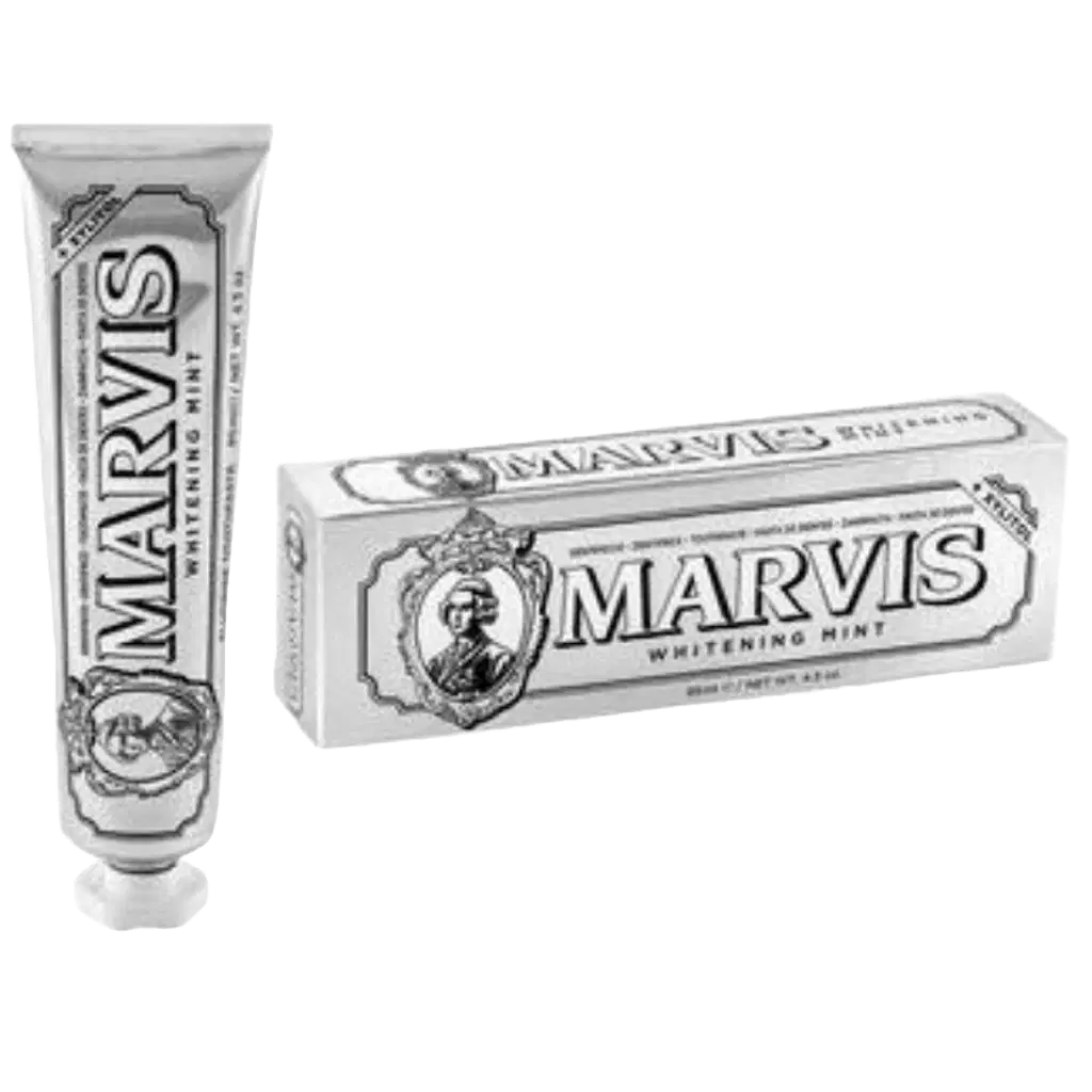 Marvis toothpaste tube and packaging on a white background